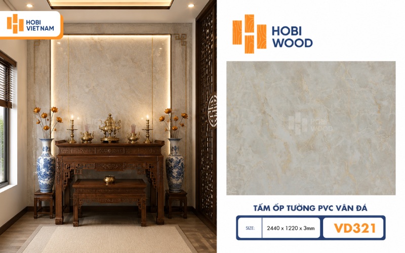 Phòng thờ ốp nhựa vân đá hiện đại, bền đẹp và dễ dàng vệ sinh 