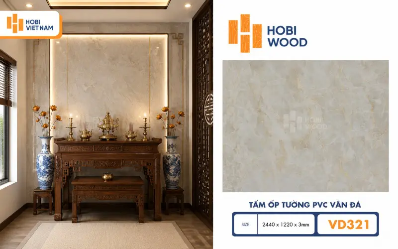Phòng thờ ốp nhựa vân đá hiện đại, bền đẹp và dễ dàng vệ sinh 