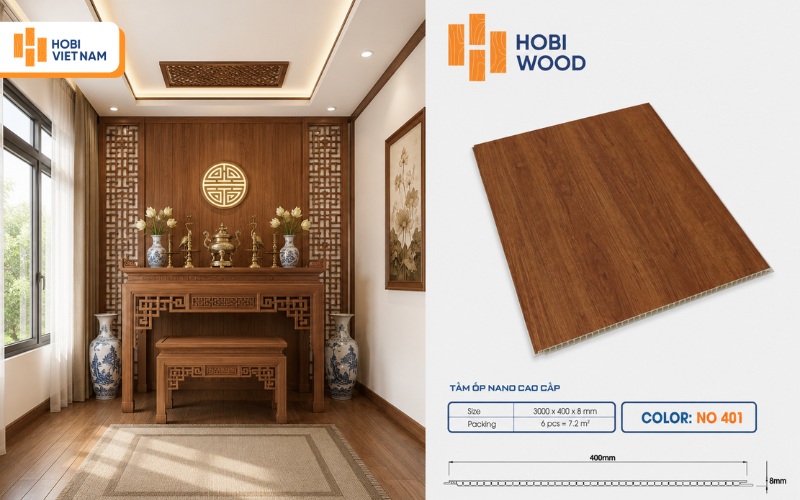 Tấm nhựa PVC giả gỗ ốp tường phòng thờ, bền đẹp, trang nghiêm 