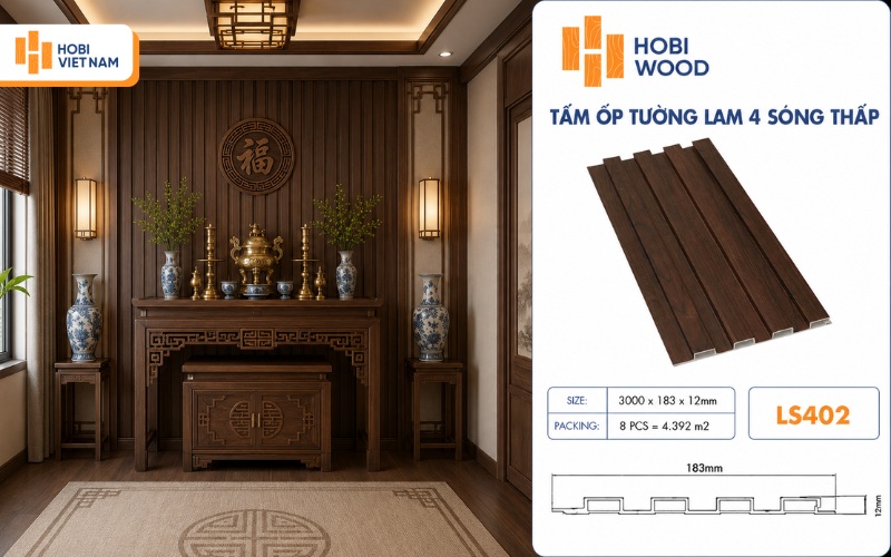 Phòng thờ trang nghiêm với tấm ốp nhựa giả gỗ nâu trầm