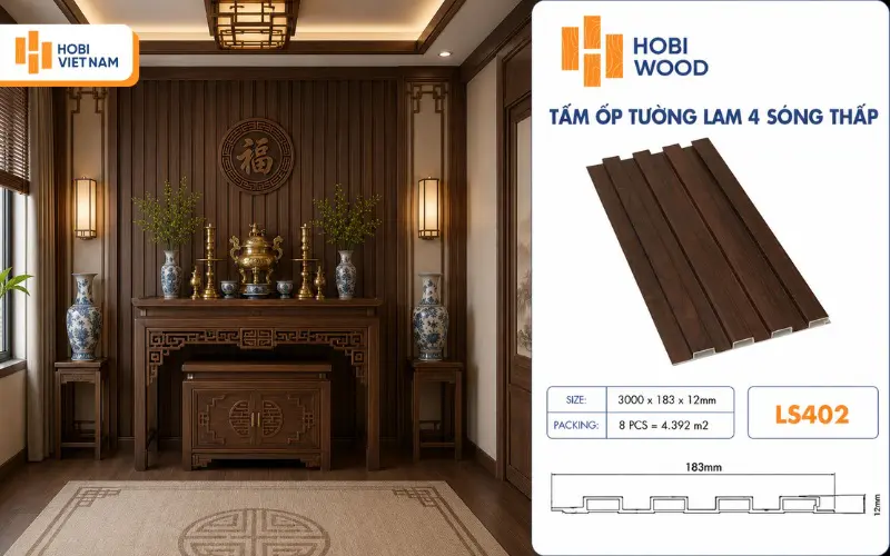 Phòng thờ trang nghiêm với tấm ốp nhựa giả gỗ nâu trầm