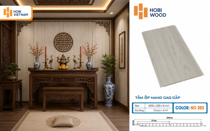 Mẫu ốp nhựa phòng thờ trắng tinh khôi, mang đến không gian thanh tịnh 