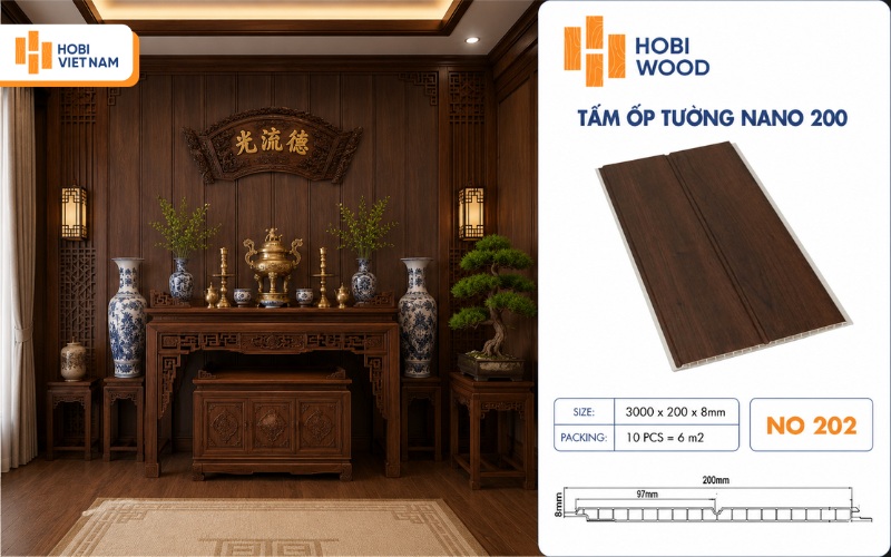 Phòng thờ cổ điển đầy chiều sâu với tấm ốp vân gỗ nâu trầm 
