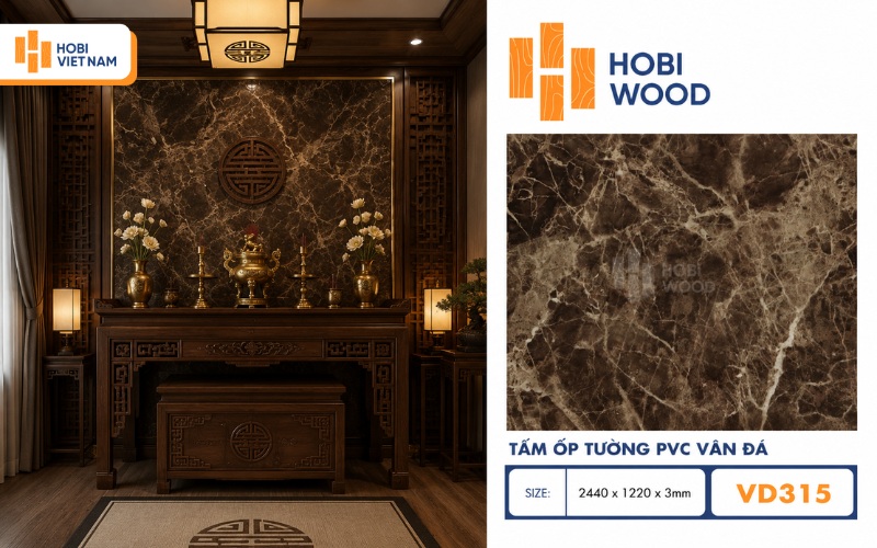 Thiết kế vân đá đen nâu giúp không gian thờ trở nên trang nghiêm