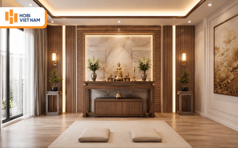 Tấm ốp tường giúp tăng tính trang nghiêm, thẩm mỹ cho không gian thờ cúng