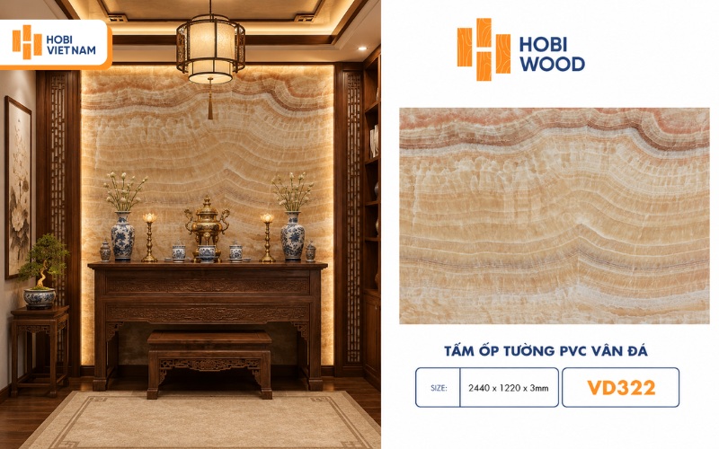 Mẫu ốp nhựa phòng thờ vân đá mang đến vẻ sang trọng và thanh tịnh 