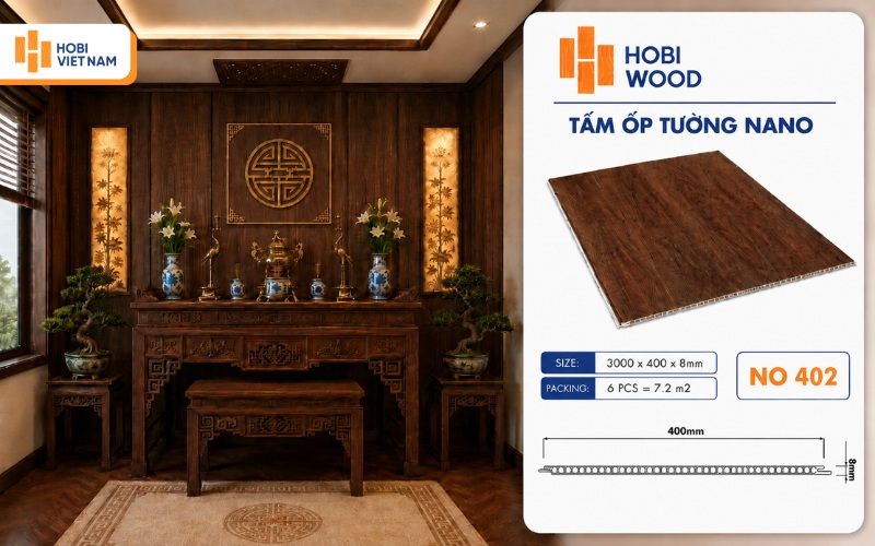 Không gian phòng thờ cổ điển ấm cúng với tấm ốp nhựa giả gỗ sang trọng 