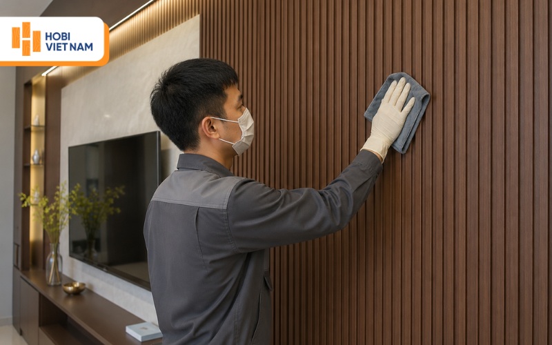 Vệ sinh tấm ốp Hobiwood bằng khăn sạch 