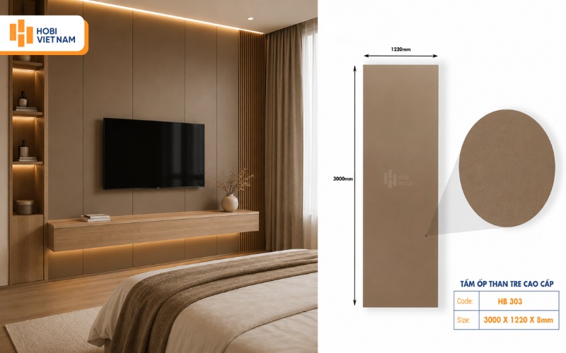Tấm ốp tường than tre cho vách tivi phòng ngủ màu nâu nhạt