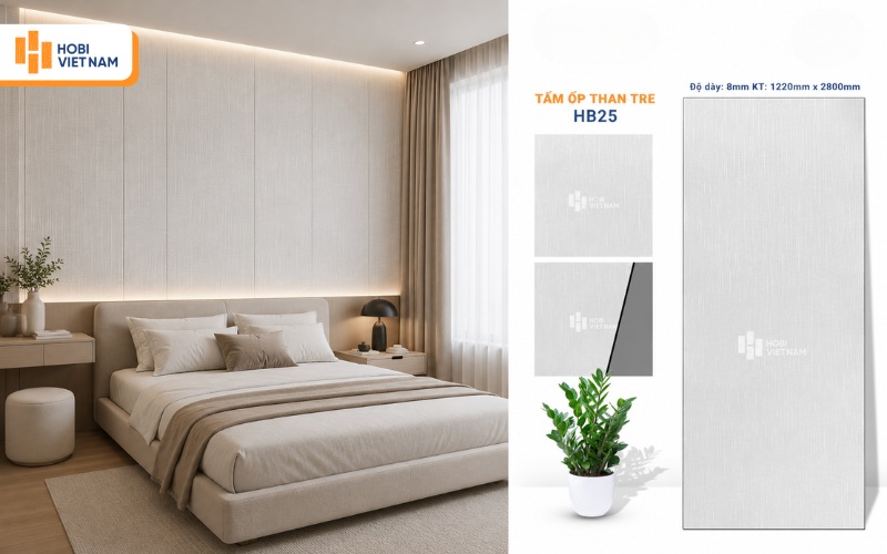 Tấm ốp than tre HB25 vân vải màu trắng xám trang nhã và tinh tế