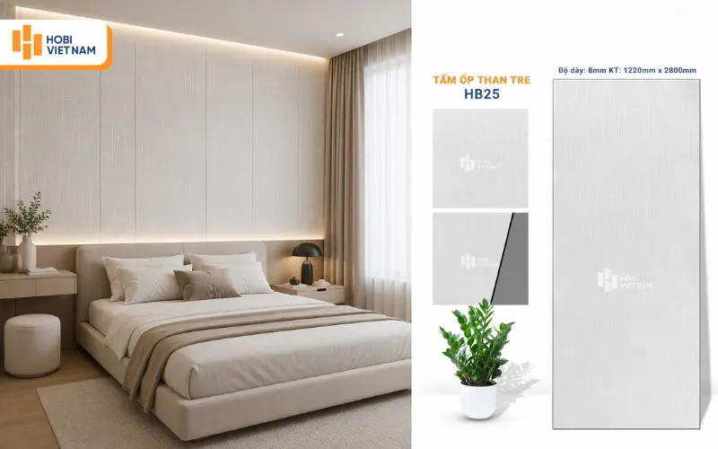 Tấm ốp than tre HB25 vân vải màu trắng xám trang nhã và tinh tế
