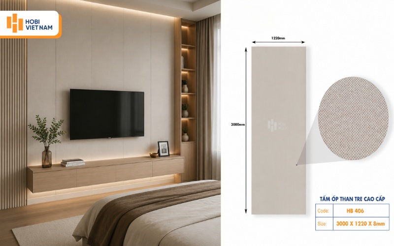 Mẫu ốp tường than tre cho vách tivi phòng ngủ