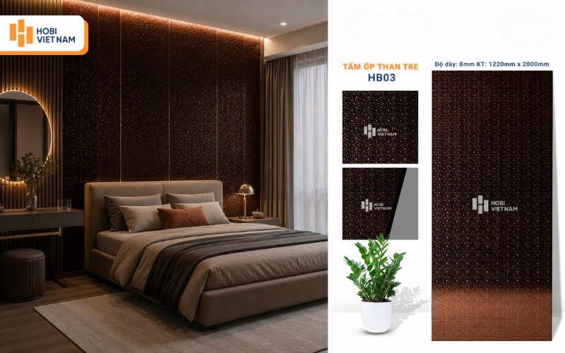 Tấm ốp than tre HB03 màu nâu chấm vàng đồng sang trọng của Hobi Vietnam