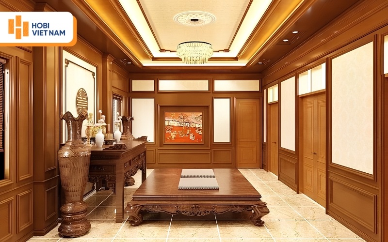 Trần nhựa giả gỗ có nhiều màu sắc và kiểu vân đa dạng, phù hợp mọi phong cách nội thất