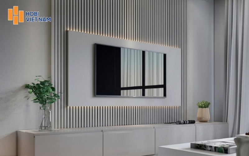 Vách tivi lam sóng gỗ hiện đại phối đèn led sang trọng