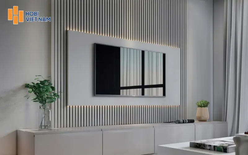 Vách tivi lam sóng gỗ hiện đại phối đèn led sang trọng