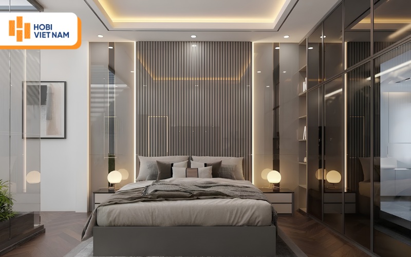 Vách đầu giường lam sóng xám kết hợp đèn led