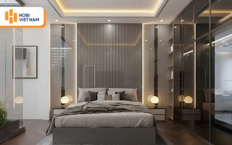 Vách đầu giường lam sóng xám kết hợp đèn led