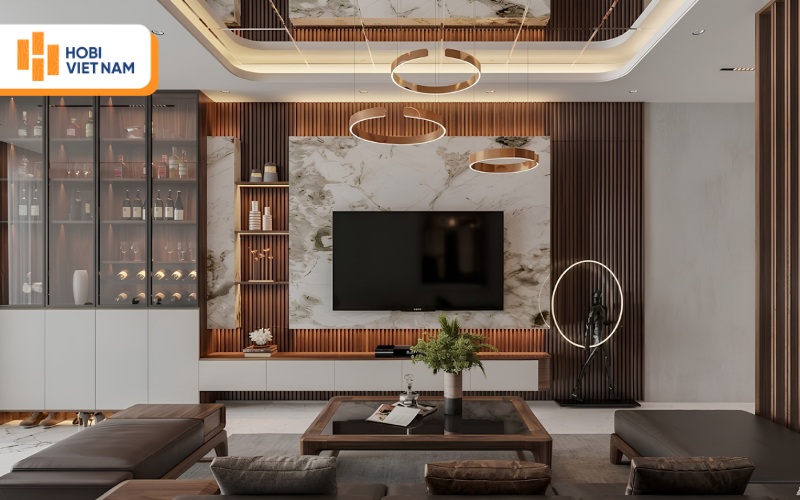 Vách tivi lam sóng gỗ kết hợp đá và tủ trưng bày rượu