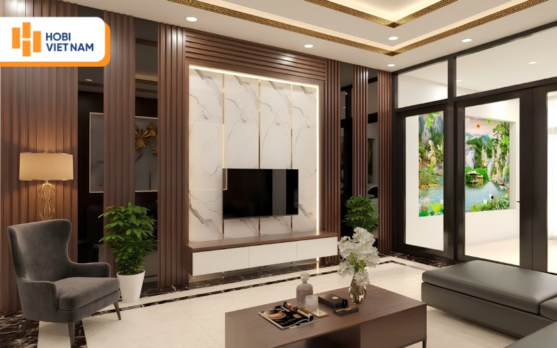Vách tivi lam sóng nhựa giả gỗ cao cấp cho phòng khách 