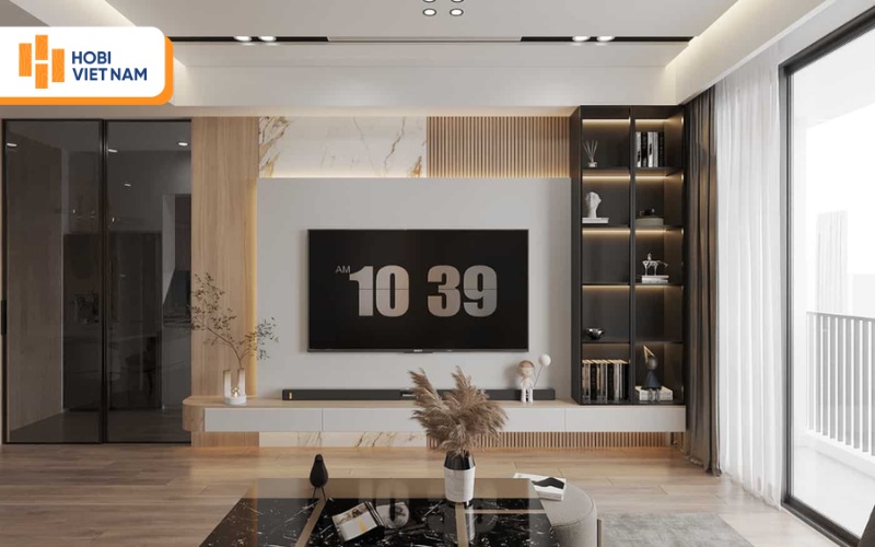 Ốp tấm lam sóng tại khu vực phía sau tivi để tạo điểm nhấn trung tâm