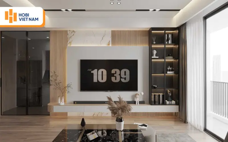 Ốp tấm lam sóng tại khu vực phía sau tivi để tạo điểm nhấn trung tâm
