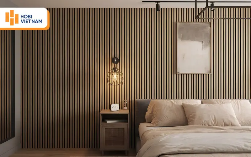 Vách đầu giường lam sóng gỗ mộc mạc cho phòng ngủ ấm cúng