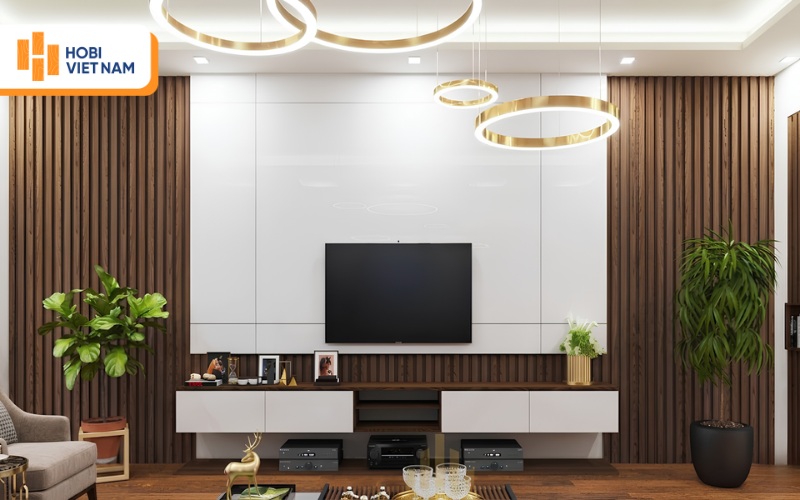 Vách tivi kết hợp tấm PVC ốp tường và lam sóng hiện đại