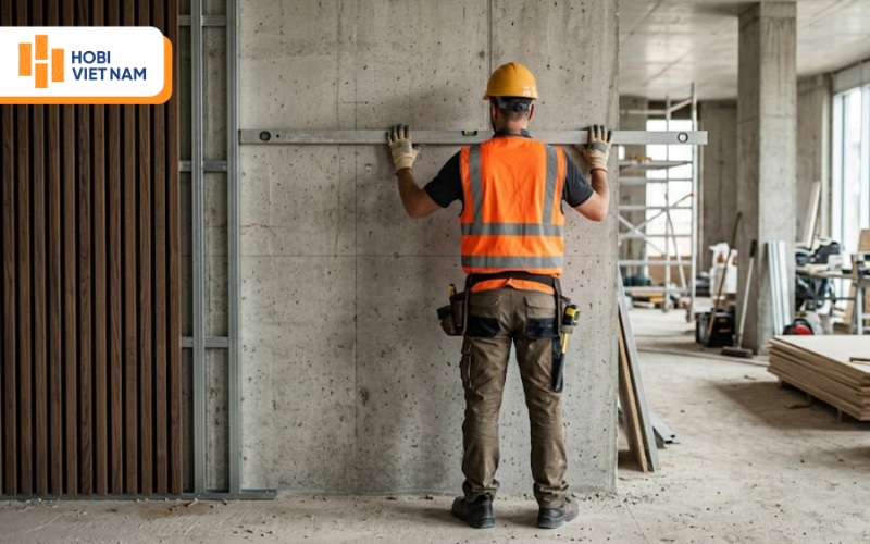 Kiểm tra độ phẳng của tường giúp đảm bảo vách ngăn lam sóng lắp đặt đồng đều