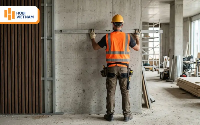 Kiểm tra độ phẳng của tường giúp đảm bảo vách ngăn lam sóng lắp đặt đồng đều
