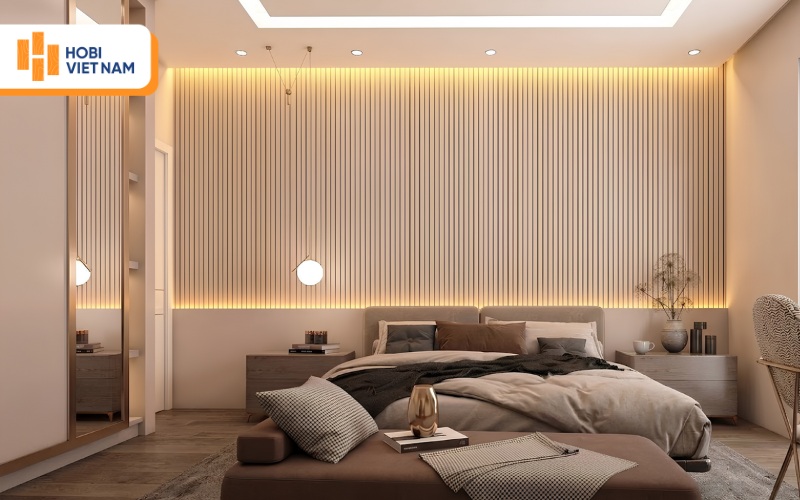 Vách ngăn lam sóng gỗ sáng màu kết hợp đèn led ấm cúng