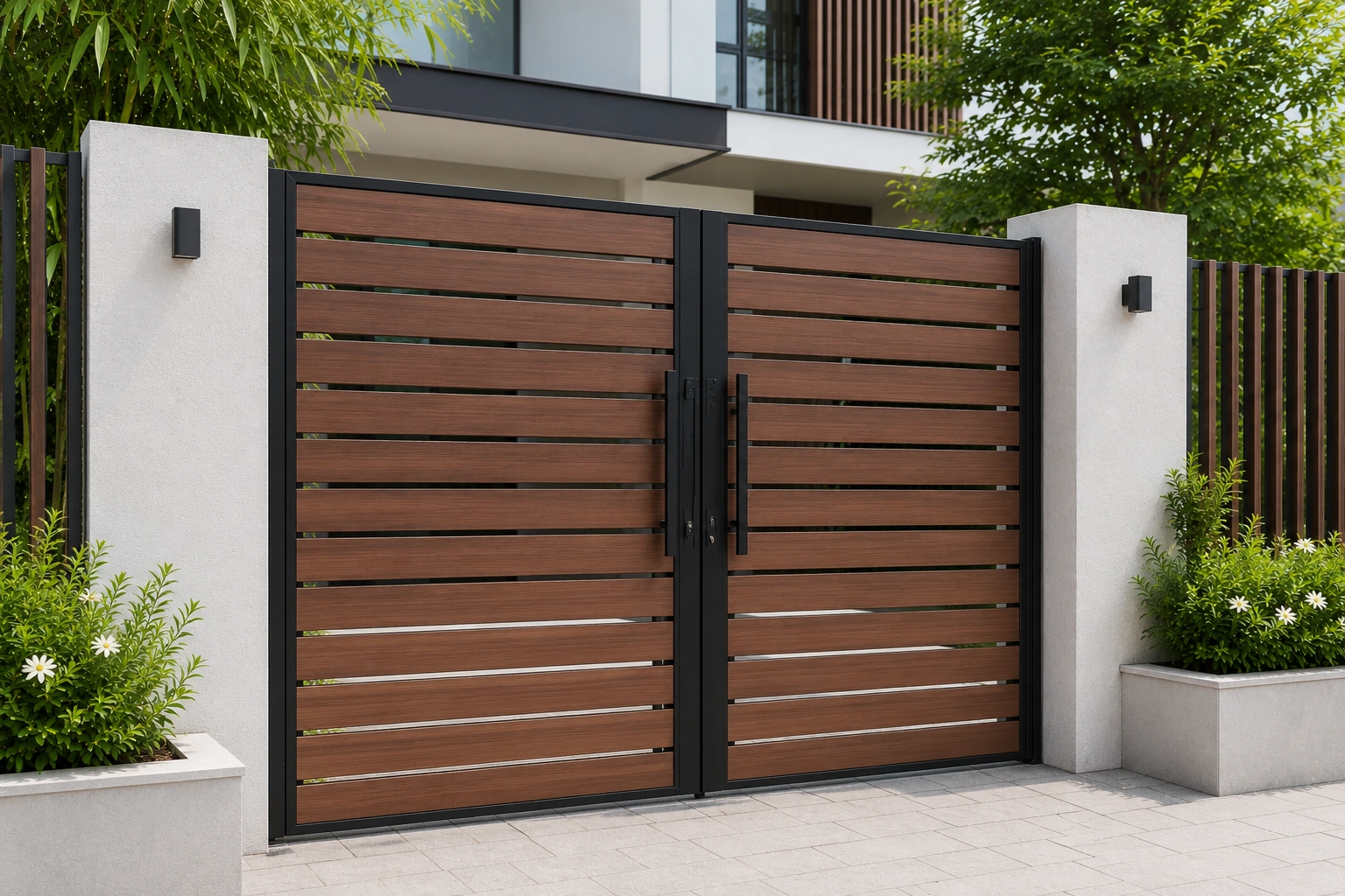 Cổng gỗ nhựa ngoài trời là loại cổng sử dụng vật liệu gỗ nhựa composite để làm cánh cổng