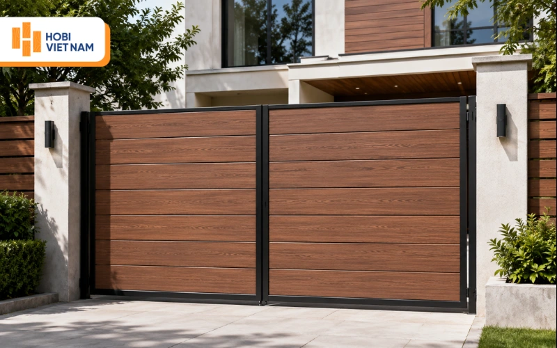 Cổng gỗ nhựa làm từ thanh đa năng gỗ nhựa Hobiwood thực tế