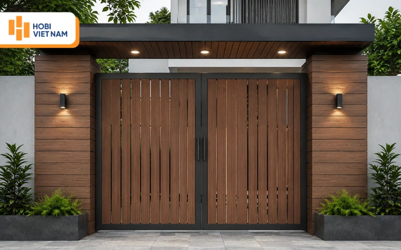 Cổng sử dụng tấm ốp gỗ nhựa