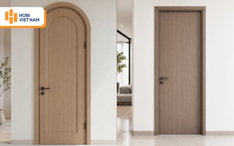 Cửa nhựa vòm (trái) và Cửa nhựa panel liền tấm (phải)