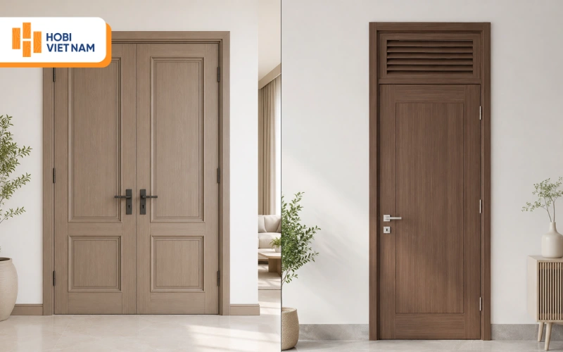 Cửa nhựa hai cánh (trái) và Cửa nhựa ô thoáng (phải)