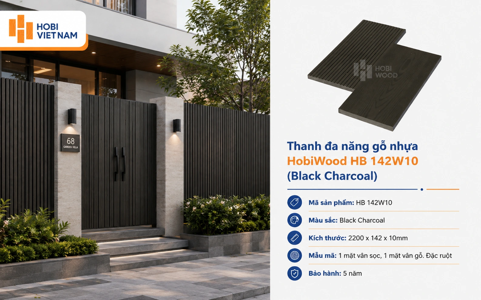 Hàng rào gỗ nhựa HobiWood HB 142W10 màu Black Charcoal mang đến vẻ đẹp hiện đại và sang trọng cho mặt tiền.