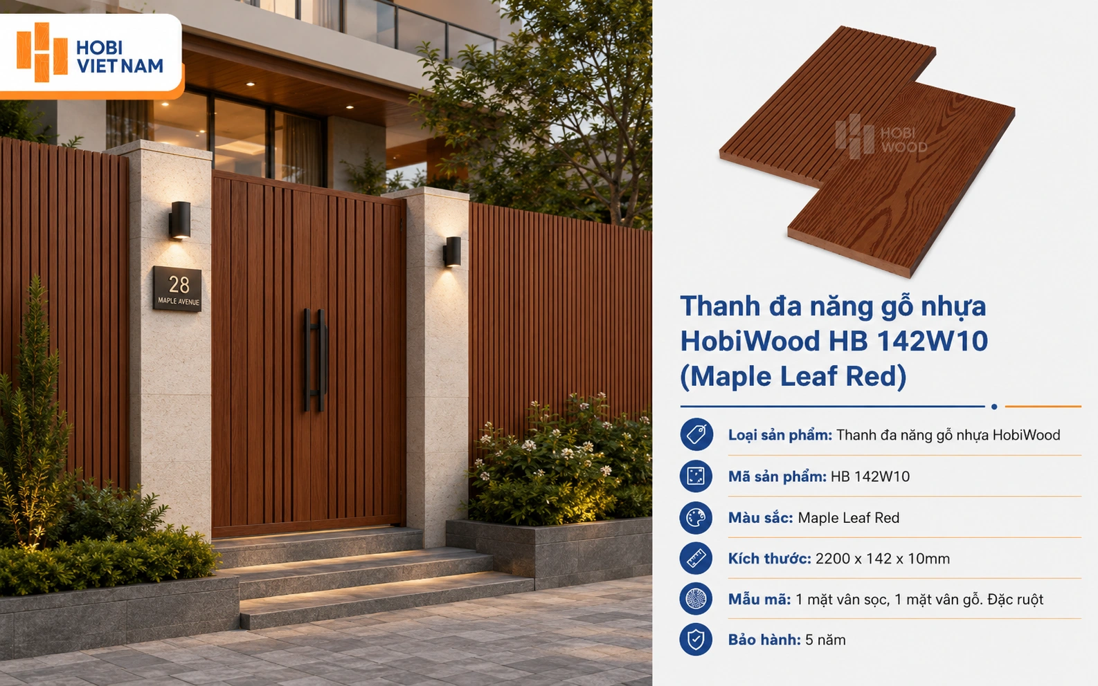 Thanh đa năng gỗ nhựa Maple Leaf Red là giải pháp làm hàng rào ngoài trời với khả năng chống ẩm, chống mối mọt và giữ màu bền đẹp theo thời gian.
