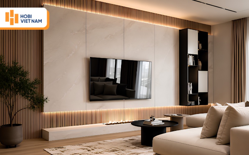 Tấm ốp tường lam sóng trắng tinh tế kết hợp LED trục đứng tạo điểm nhấn sáng tạo