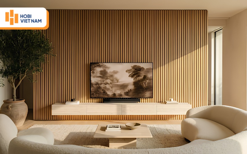 Lam sóng ốp phòng khách tối giản kết hợp sofa vòm thanh lịch