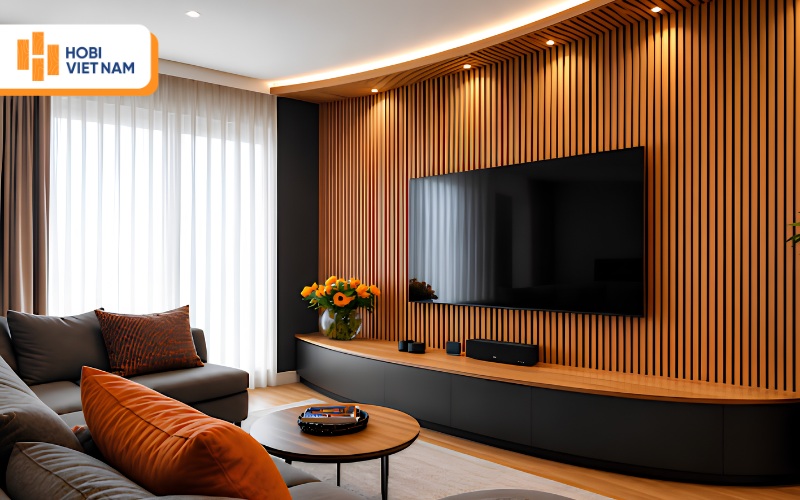 Vách TV ốp tấm lam sóng tone nâu ấm