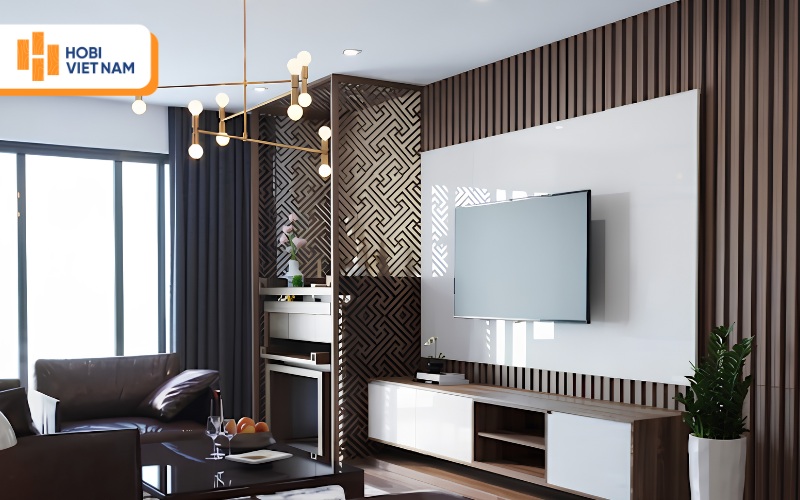 Vách TV ốp lam sóng kết hợp tấm ốp tường trắng hiện đại