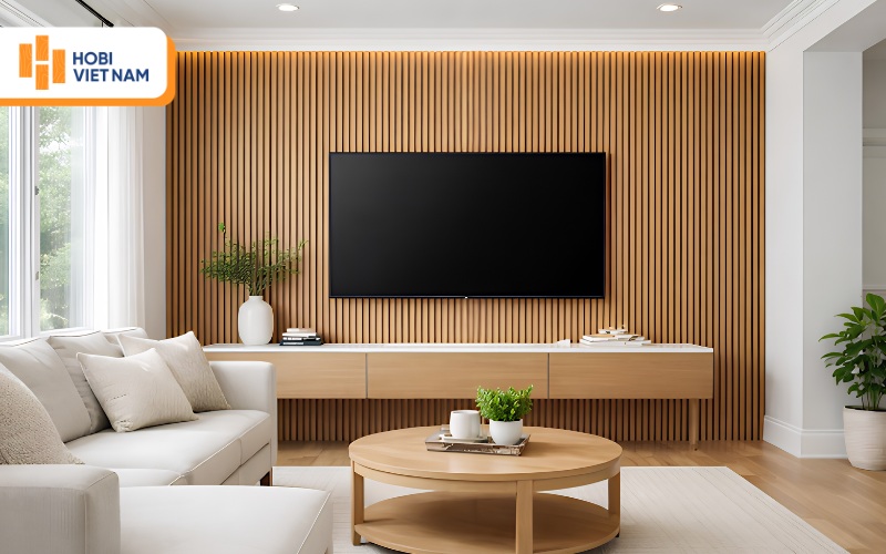 Phòng khách sử dụng lam sóng tại vách TV tạo điểm nhấn tinh tế