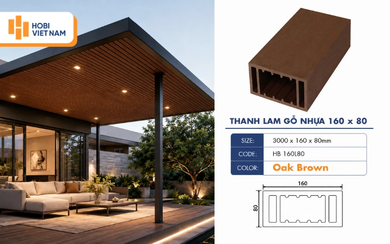 Mái hiên gỗ nhựa HB 160L80 màu Oak Brown Mái hiên gỗ nhựa HB 160L80 màu Oak Brown