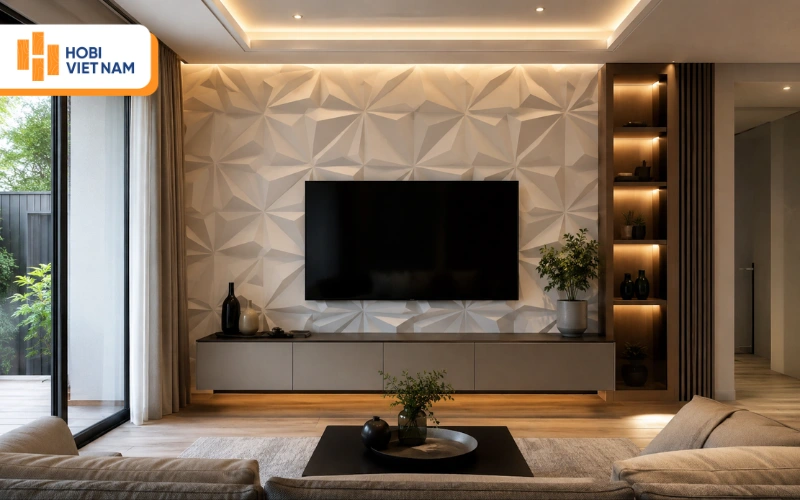 Mẫu ốp tường nhựa 3D hình học, giúp khu vực kệ tivi trở nên nổi bật Mẫu ốp tường nhựa 3D hình học, giúp khu vực kệ tivi trở nên nổi bật