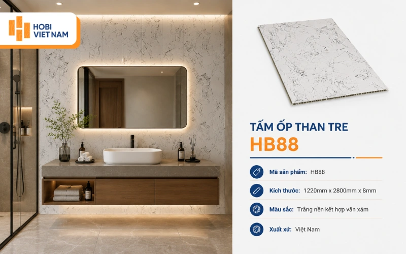 Tấm ốp than tre HB88 vân đá sáng, tạo cảm giác sang trọng. Tấm ốp than tre HB88 vân đá sáng, tạo cảm giác sang trọng.