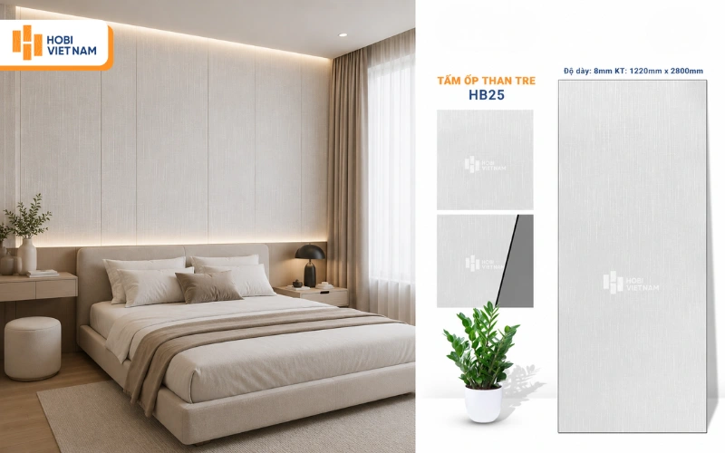 Mẫu tấm nhựa ốp tường phòng ngủ tone trắng xám