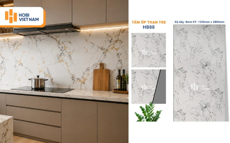 Mẫu ốp tường nhựa phòng bếp vân đá đơn giản Mẫu ốp tường nhựa phòng bếp vân đá đơn giản
