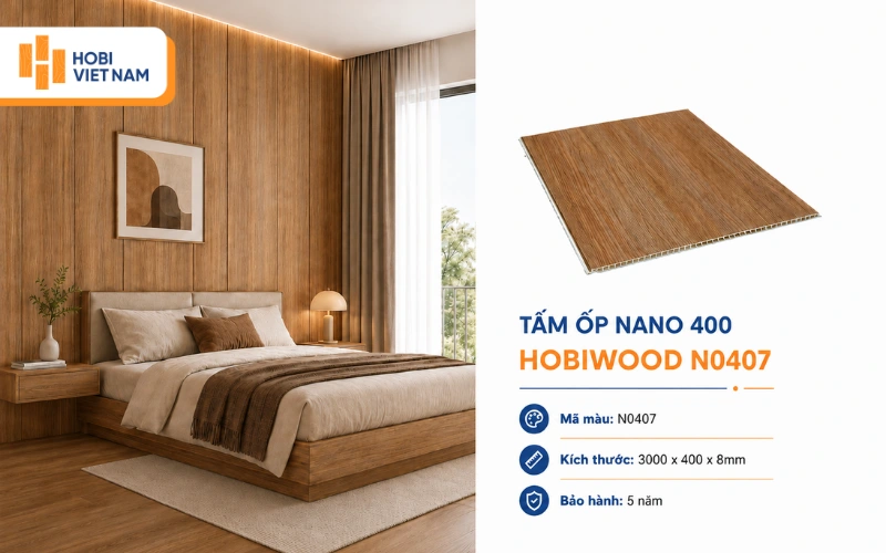 Mẫu tấm nhựa ốp tường tông gỗ óc chó giúp khu vực phòng ngủ thêm sang trọng dùng mã N0407 Mẫu tấm nhựa ốp tường tông gỗ óc chó giúp khu vực phòng ngủ thêm sang trọng dùng mã N0407