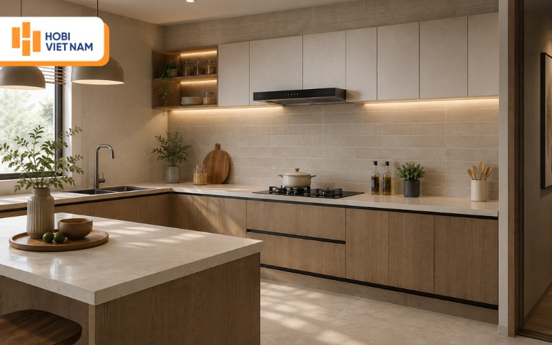 Tấm nhựa ốp tường bếp vân gạch kết hợp đèn LED